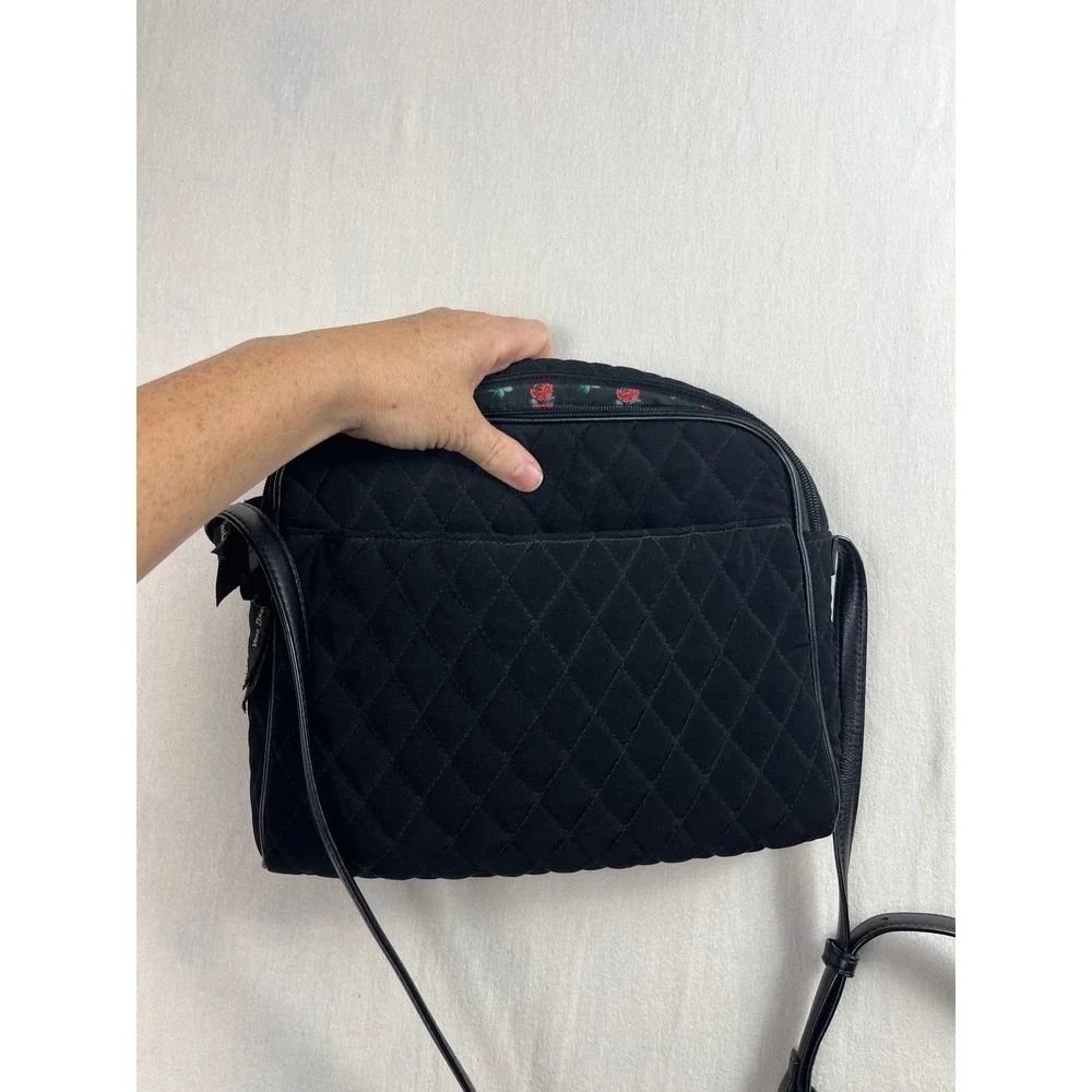 Vera Bradley Black Quilted Microfiber Crossbody Bag Floral Interior Rose Print